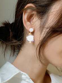Rhinestone Round Drop Earrings - White - View 1