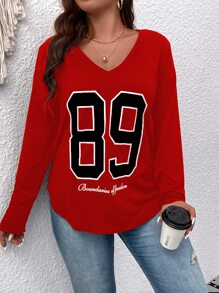 SHEIN LUNE Plus Letter Graphic V Neck Tee - Red - View 3