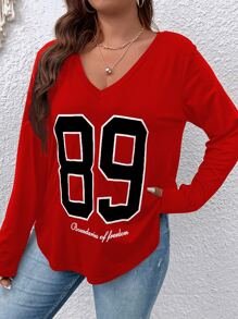 SHEIN LUNE Plus Letter Graphic V Neck Tee - Red - View 4