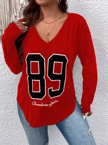 SHEIN LUNE Plus Letter Graphic V Neck Tee - Red - View 5