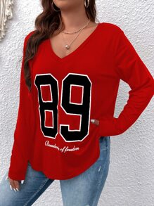 SHEIN LUNE Plus Letter Graphic V Neck Tee - Red - View 6