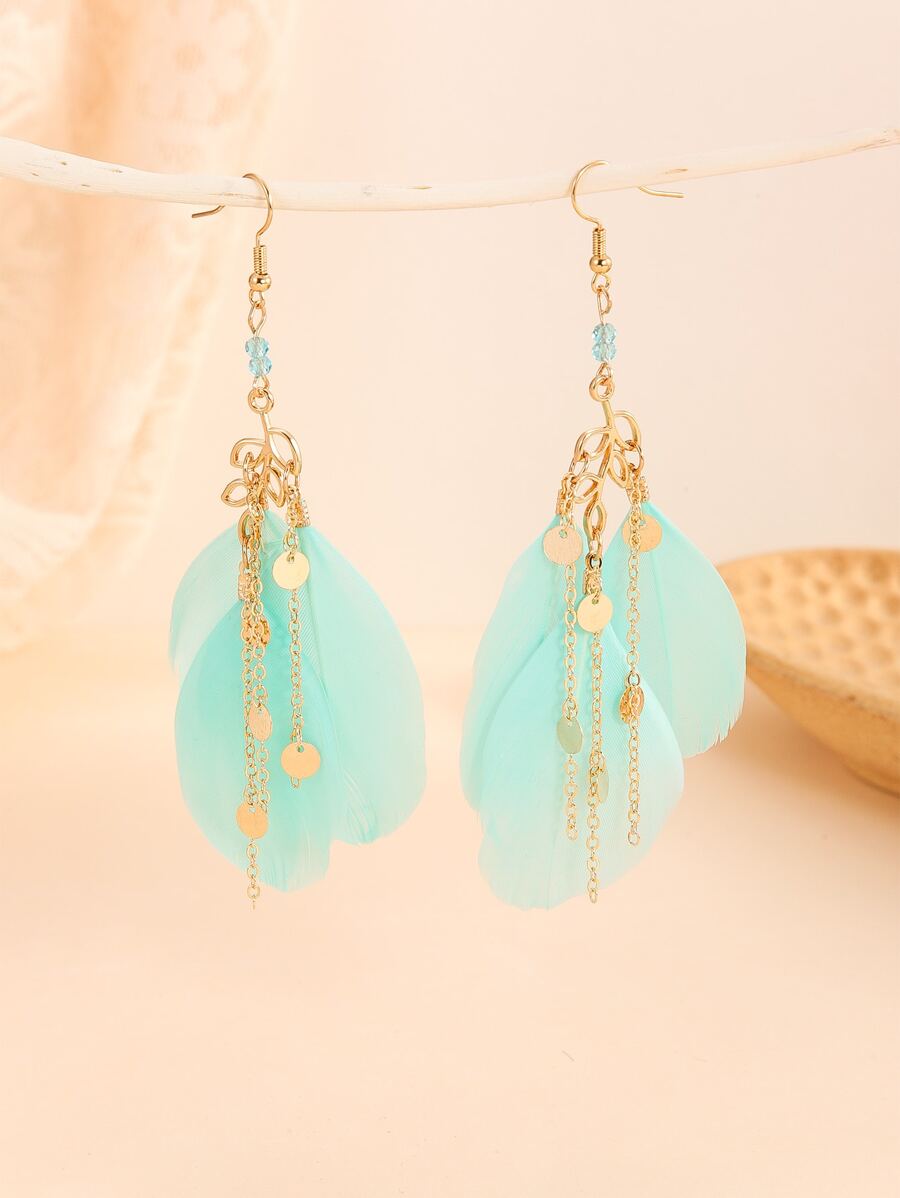 羽毛裝飾耳墜 - 薄荷藍 - 查看 1