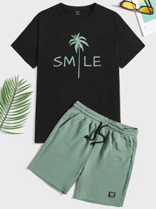 Manfinity VCAY 男士字母圖案T恤和腰部抽繩短褲 - 彩色 - 查看 3