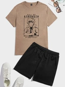 GENTILAND 男士標語和人物圖案T恤和腰部抽繩短褲 - 彩色 - 查看 1