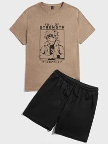 GENTILAND 男士標語和人物圖案T恤和腰部抽繩短褲 - 彩色 - 查看 3
