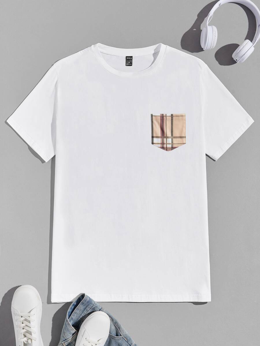 GENTILAND Men Plaid Print Patched Pocket Tee - White - View 1