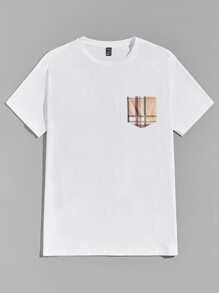 GENTILAND Men Plaid Print Patched Pocket Tee - White - View 3