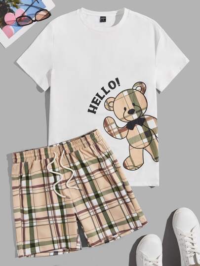 Guys Bear & Letter Graphic Tee & Plaid Shorts