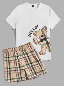 Manfinity VCAY Men Bear & Letter Graphic Tee & Plaid Shorts - Multicolor - View 4