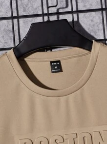 Manfinity BRENVOR Men Fit Crew Neck Short Sleeve Letter Embossed Tee, Boston Casual Cool Stuff Summer T-Shirt, Couple Things - Khaki - View 4
