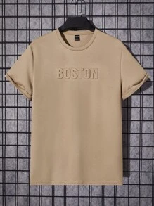 Manfinity BRENVOR Men Fit Crew Neck Short Sleeve Letter Embossed Tee, Boston Casual Cool Stuff Summer T-Shirt, Couple Things - Khaki - View 5