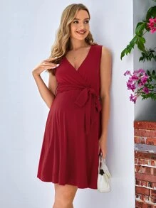 SHEIN Maternity Surplice Neck Belted Dress - Burgundy - View 5