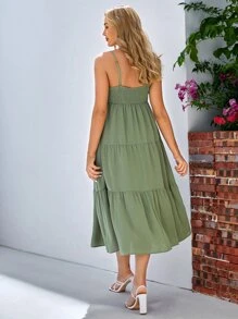 SHEIN Maternidad Vestido de tirantes unicolor bajo con fruncido - Verde militar - Ver 2