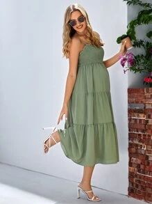 SHEIN Maternidad Vestido de tirantes unicolor bajo con fruncido - Verde militar - Ver 3