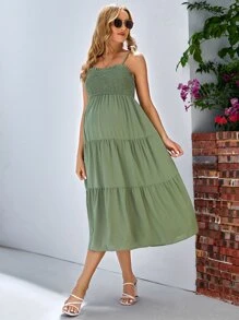 SHEIN Maternidad Vestido de tirantes unicolor bajo con fruncido - Verde militar - Ver 4