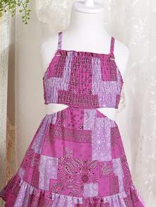 小女童佩斯利印花打褶腰部鏤空吊帶洋裝