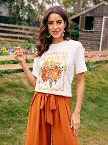 SHEIN LUNE 花卉和字母圖案T恤 - 白色 - 查看 3