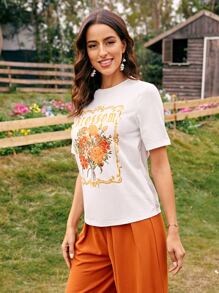 SHEIN LUNE 花卉和字母圖案T恤 - 白色 - 查看 5