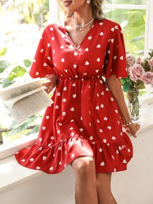 SHEIN Privé Vestido con estampado de corazón bajo con fruncido - Rojo - Ver 1