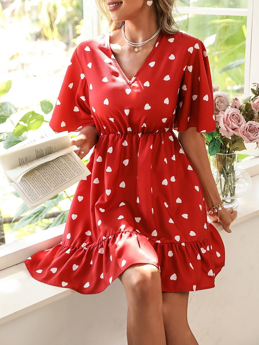 SHEIN Privé Vestido con estampado de corazón bajo con fruncido - Rojo - Ver 1