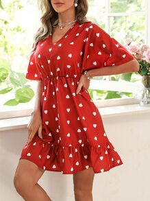 SHEIN Privé Vestido con estampado de corazón bajo con fruncido - Rojo - Ver 4