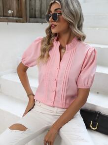 SHEIN Essnce Puff Sleeve Button Front Shirt - Pink - View 4