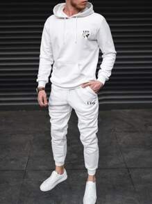 Manfinity Homme Men Letter Graphic Kangaroo Pocket Drawstring Hoodie & Joggers - White - View 1