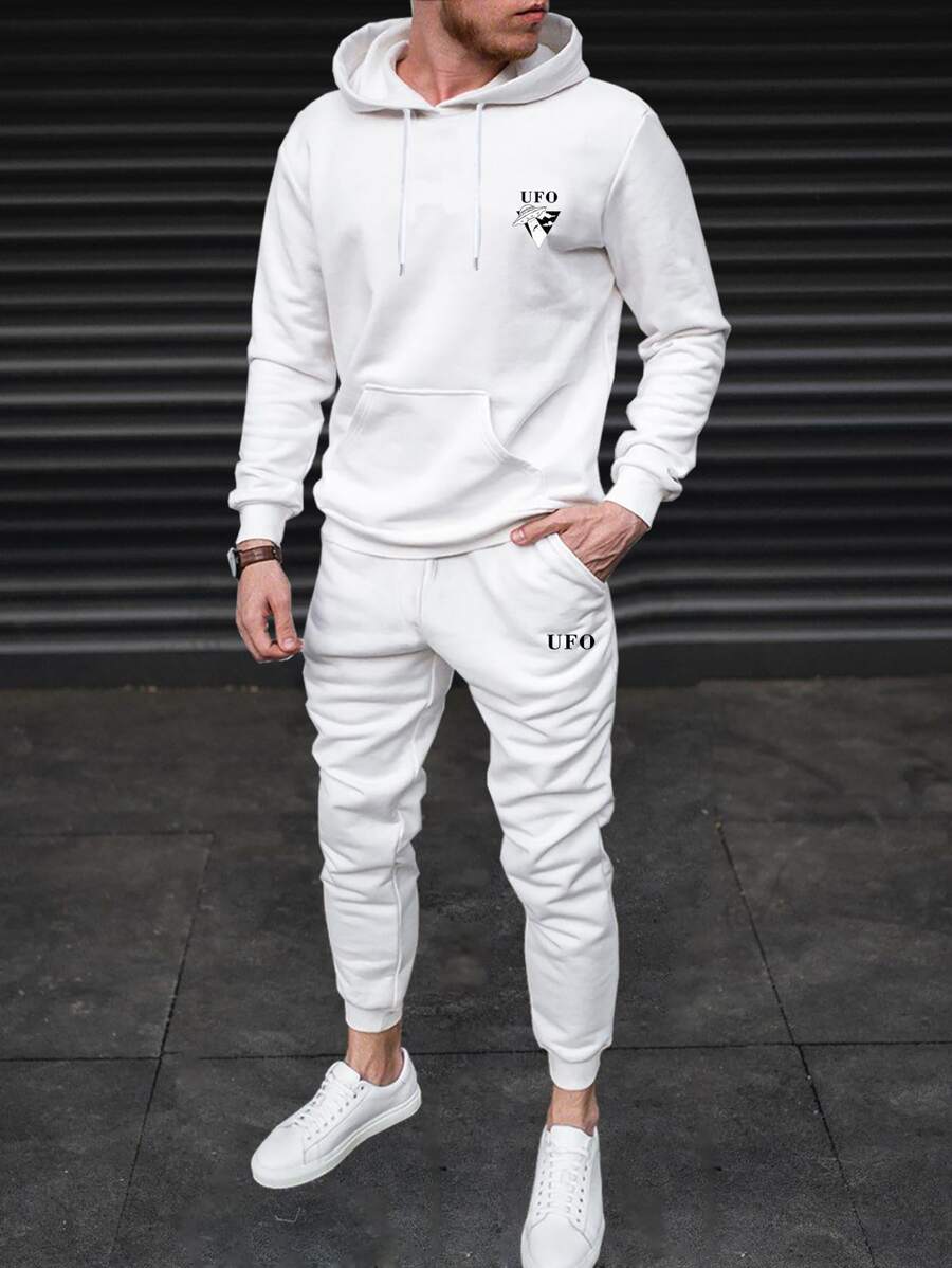 Manfinity Homme Men Letter Graphic Kangaroo Pocket Drawstring Hoodie & Joggers - White - View 1