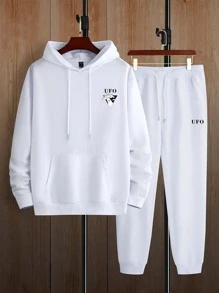 Manfinity Homme Men Letter Graphic Kangaroo Pocket Drawstring Hoodie & Joggers - White - View 3