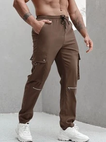 Manfinity Men Flap Pocket Side Drawstring Waist Cargo Trousers - Brown - View 4