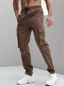 Manfinity Men Flap Pocket Side Drawstring Waist Cargo Trousers - Brown - View 1