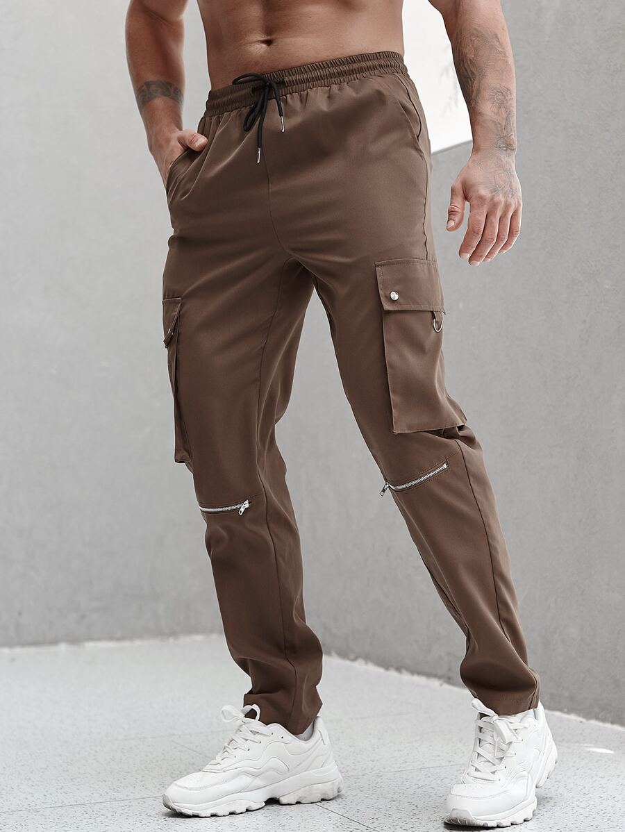 Manfinity Men Flap Pocket Side Drawstring Waist Cargo Trousers - Brown - View 1