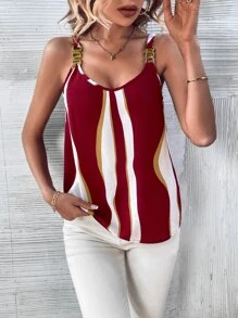 SHEIN LUNE Top con bretelle sottile color block stampa - Rosso e Bianco - Visualizzare 3