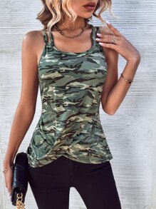 SHEIN LUNE 迷彩印花扭結下擺背心上衣 - 軍綠色 - 查看 1