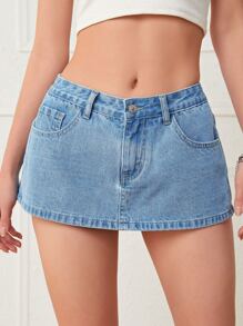 SHEIN ICON Washed Denim Skort - Light Wash - View 1
