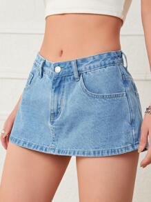 SHEIN ICON Washed Denim Skort - Light Wash - View 4