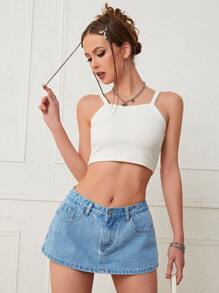 SHEIN ICON Washed Denim Skort - Light Wash - View 6