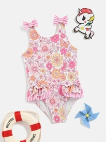 嬰兒女孩花卉印花蝴蝶結肩帶單件泳衣 - 彩色 - 查看 1