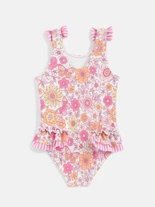 嬰兒女孩花卉印花蝴蝶結肩帶單件泳衣 - 彩色 - 查看 2