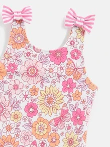 嬰兒女孩花卉印花蝴蝶結肩帶單件泳衣 - 彩色 - 查看 4