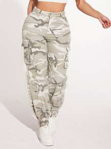 SHEIN SXY 迷彩印花側翻蓋口袋工裝牛仔褲 - 彩色 - 查看 4