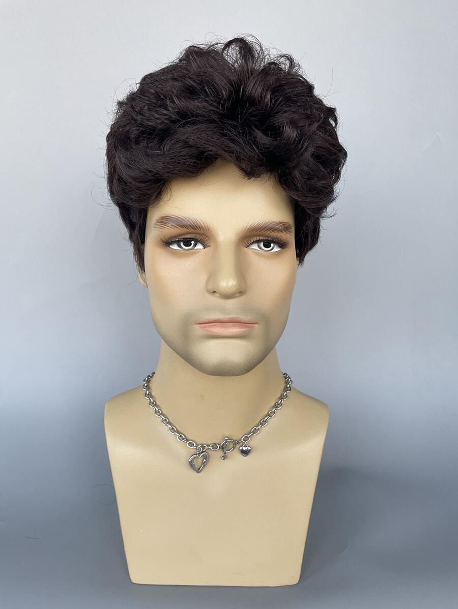 Men Short Curly Synthetic Wig - Black - View 1