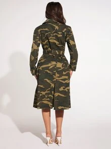 SHEIN SXY 迷彩印花雙排釦腰帶牛仔外套