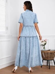 Flap Pocket Button Through Denim Dress - Light Wash - View 3