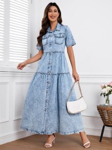 Flap Pocket Button Through Denim Dress - Light Wash - View 5