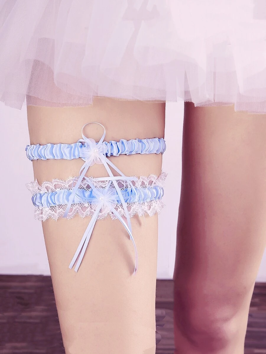 2入組花邊裝飾吊襪帶 - 藍色 - 查看 1