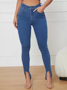 High Waist Slant Pocket Stirrup Skinny Jeans - Medium Wash - View 1