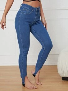 High Waist Slant Pocket Stirrup Skinny Jeans - Medium Wash - View 3