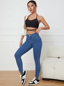 High Waist Slant Pocket Stirrup Skinny Jeans - Medium Wash - View 5