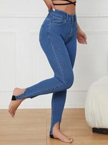 High Waist Slant Pocket Stirrup Skinny Jeans - Medium Wash - View 6